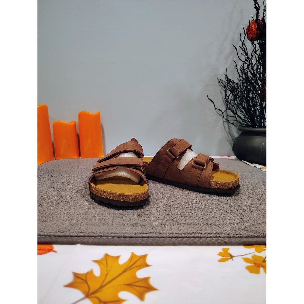 Brown Double Strap Slide Sandals Cork Footbed Adjustable Straps Size 36